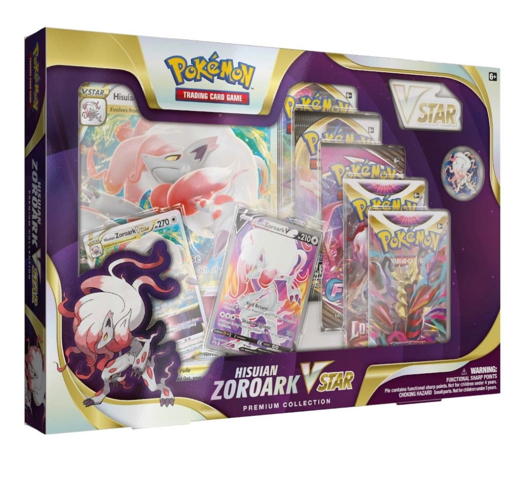 Pokemon Sword & Shield Hisuian Zoroark VSTAR Premium Collection (5 Booster Packs, 2 Etched Promo Cards, Oversize Card, Pin & More)